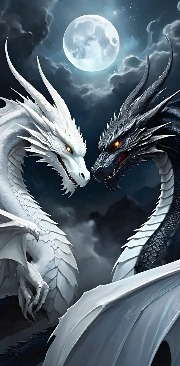 TWO WHITE AND BLACK DRAGONS