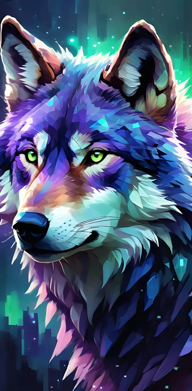 Mystic Wolf, Green and Purple, Pixelated