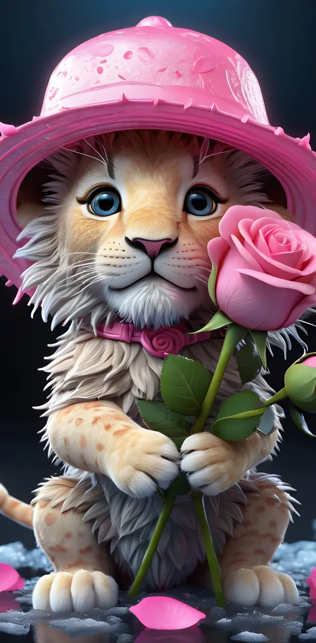 a cat wearing a pink hat and holding a pink flower