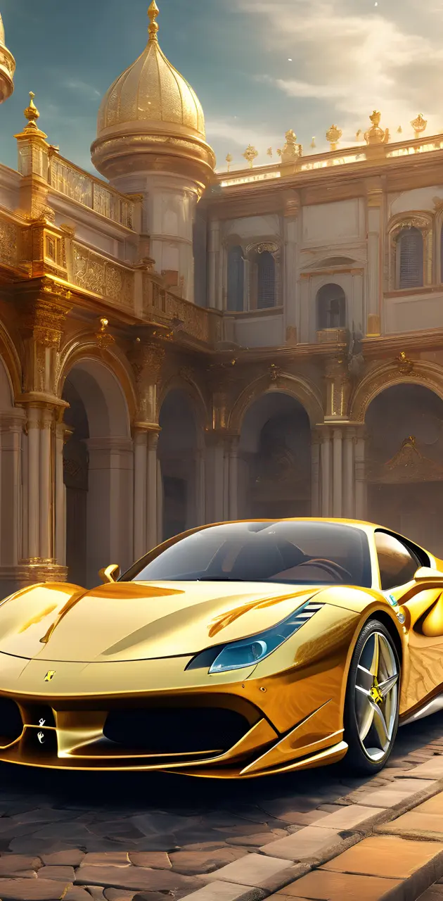 a golden sports car parked in front of luxury palace