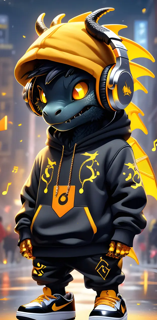 blk and yellow dragon with headphones