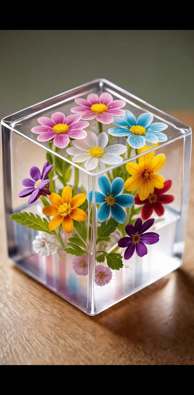 A clear box filled with colorful flowers on a wooden table.