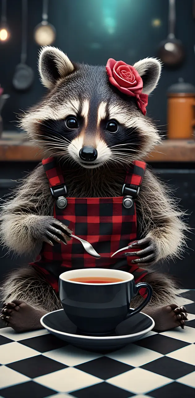a raccoon in a suit eating from a cup