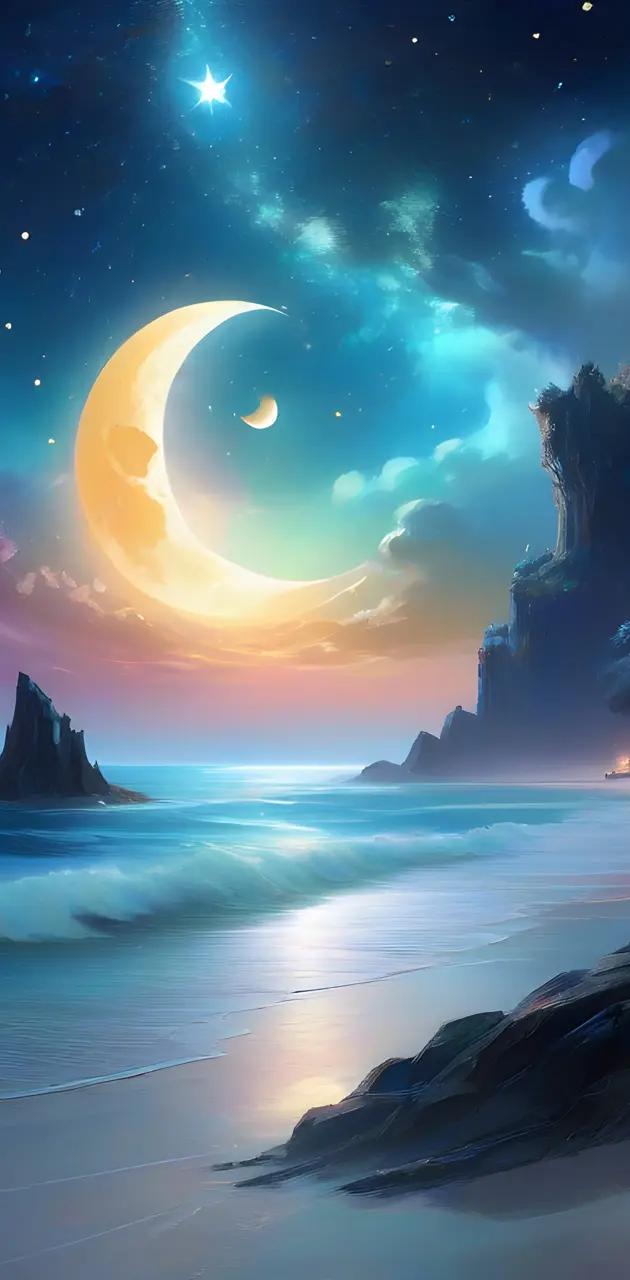 a beach with a moon and mountains