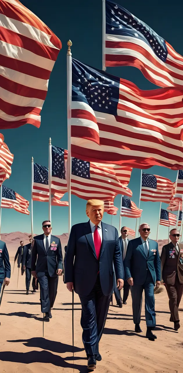 a group of men walking with flags and Donald trump