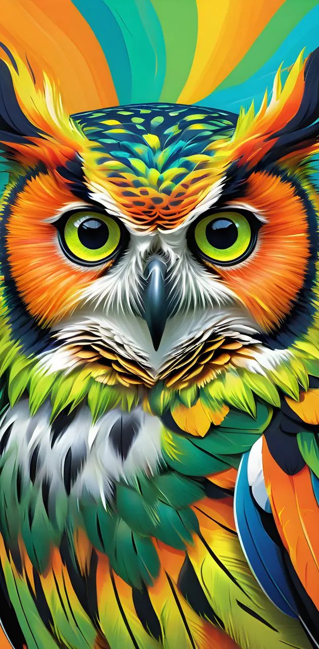 a colorful owl with a yellow and blue background