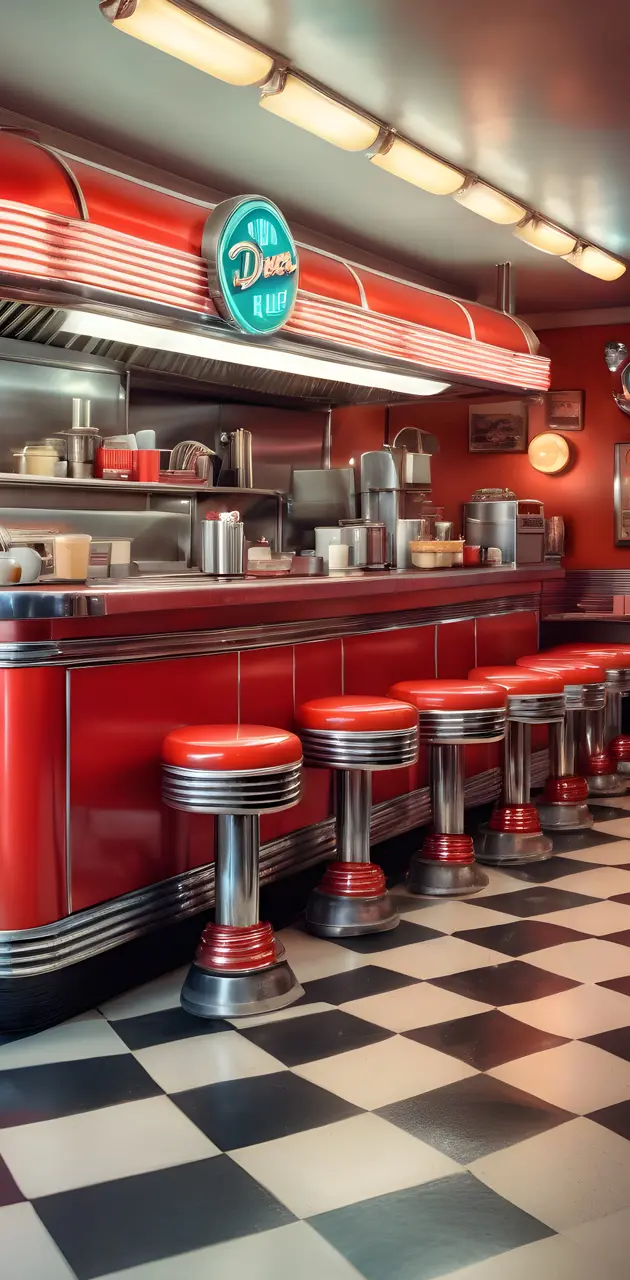 a restaurant with red counter tops