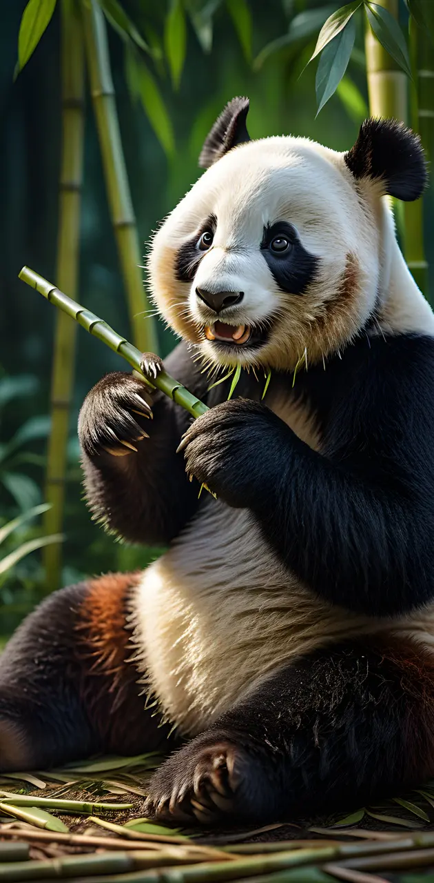 a panda holding a bamboo stick
