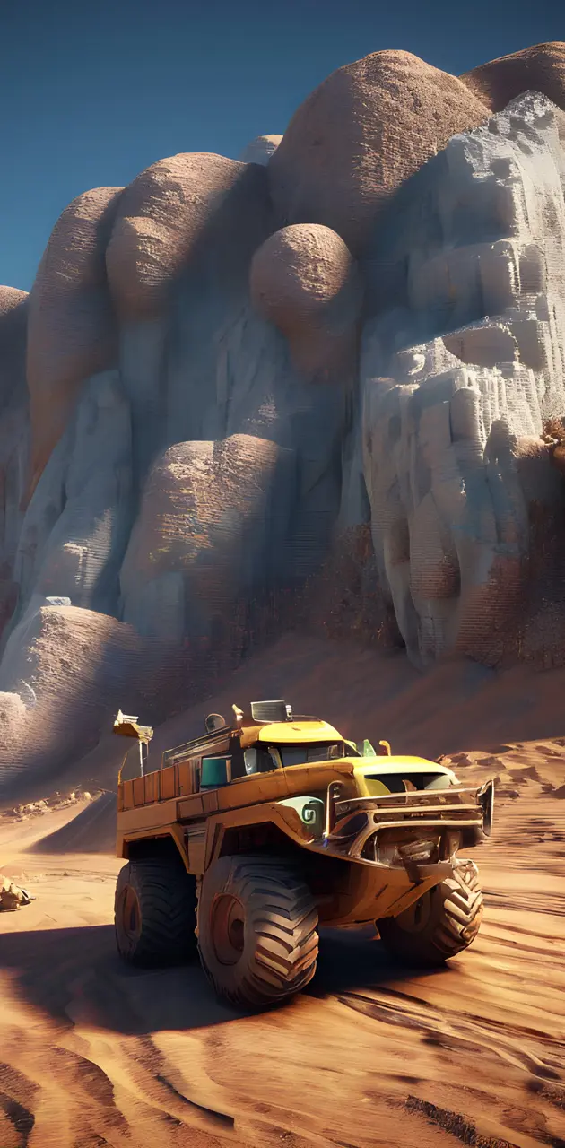 a yellow jeep parked in front of a rocky mountain