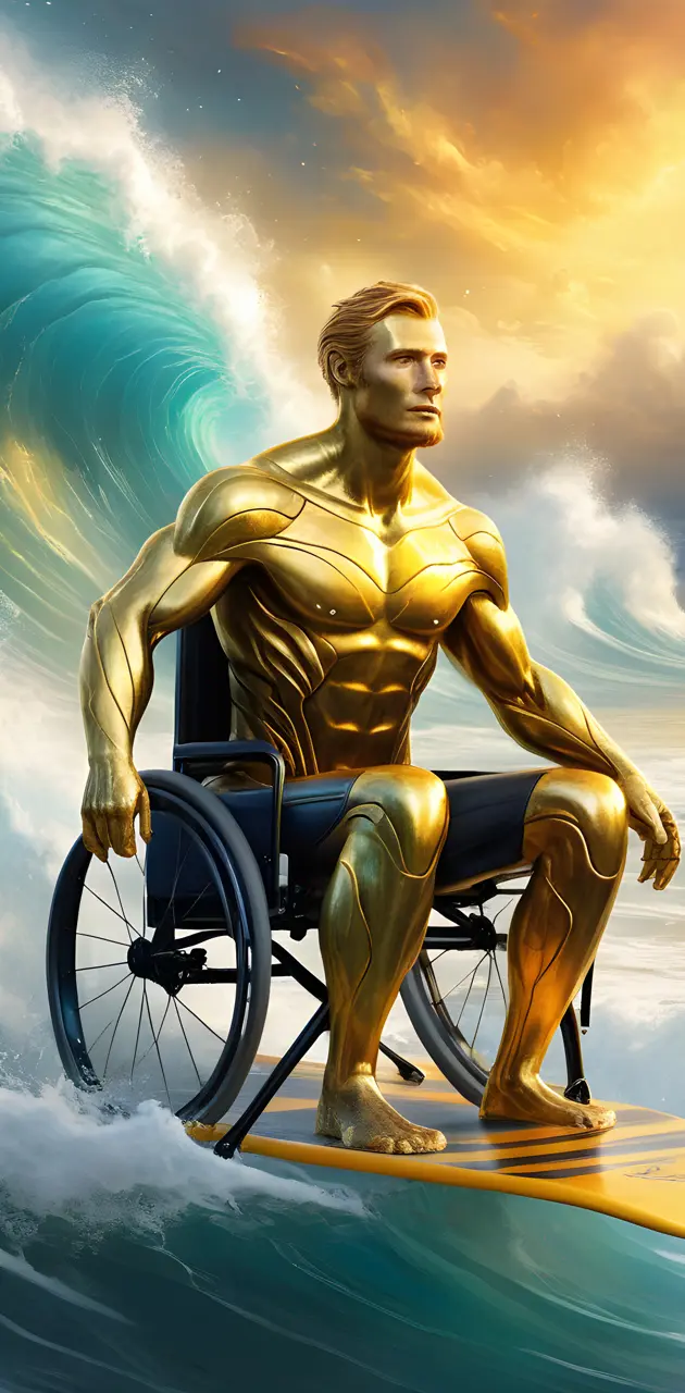 golden guy surfing in a wheelchair