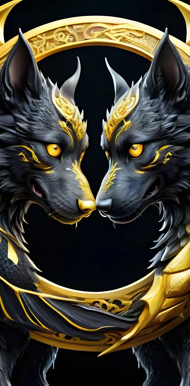 Black and gold dragon dogs ying and yang