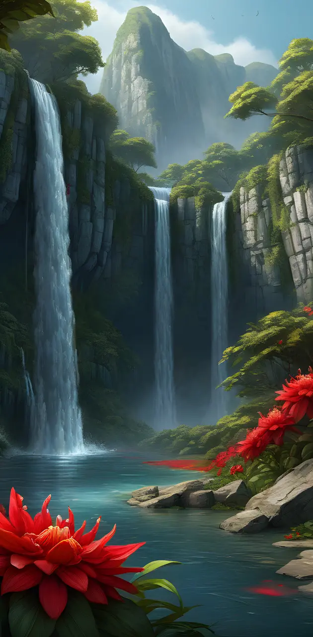 Red flowers near a waterfall