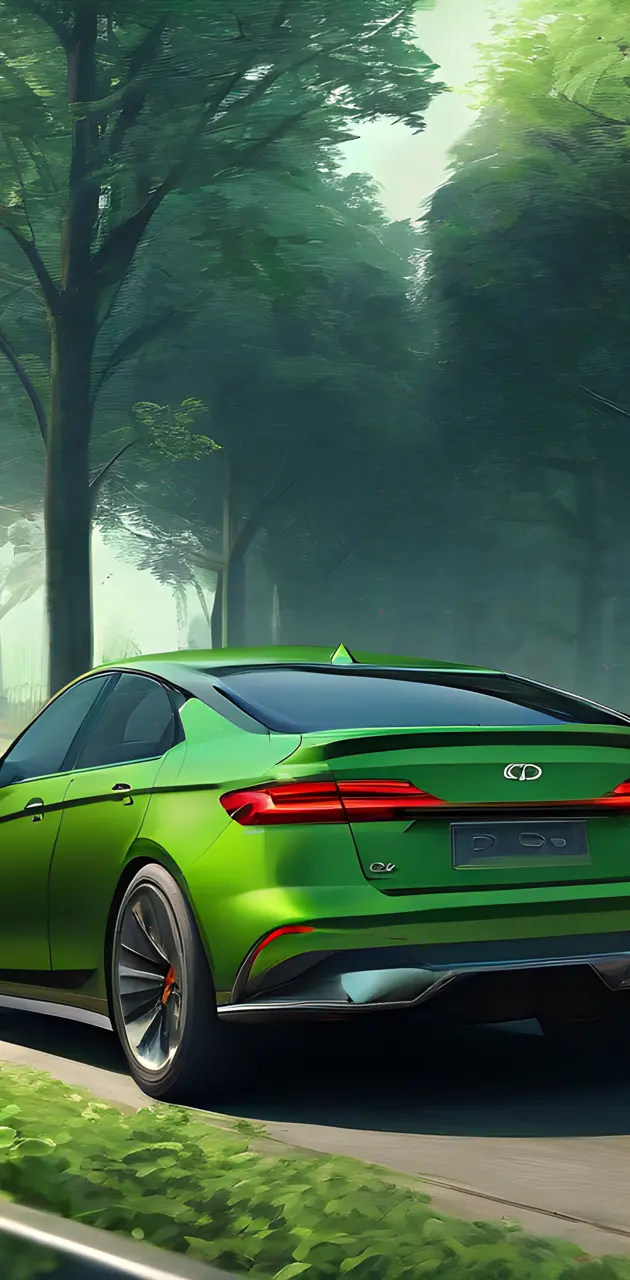 a green sports car parked on a road with trees on either side
