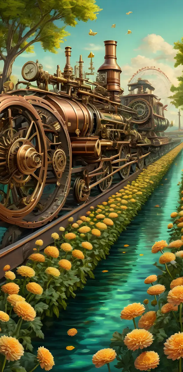 Steam Punk, chrysanthemum lane, river, train