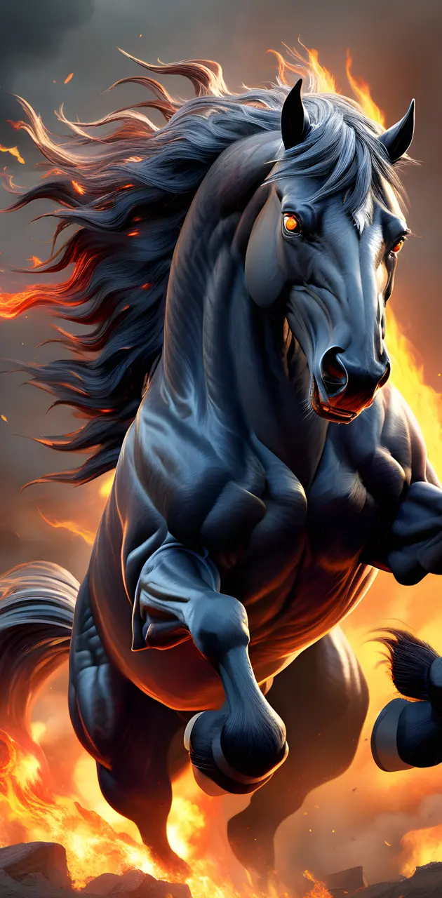 Flaming black stallion, flames teasing stallions mane, flames. hooves,