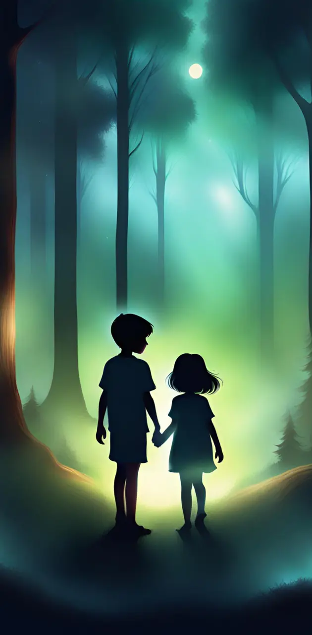 alone boy and girl  in dark forest