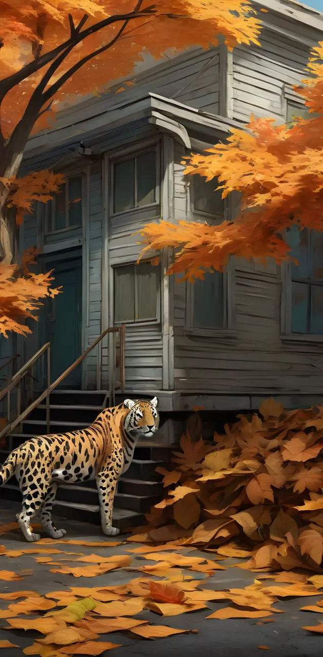 a tiger walking on a path outside a house