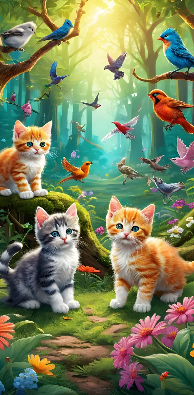 kittens playing with birds