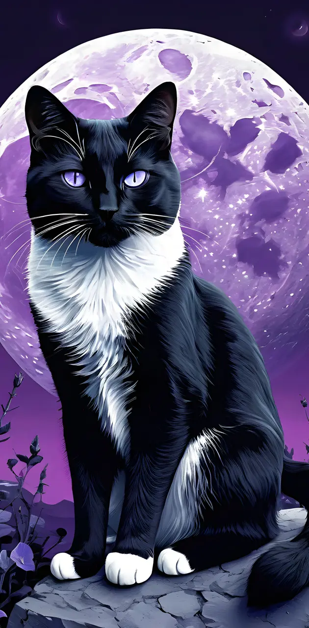 black and White cat 
 Moon purple