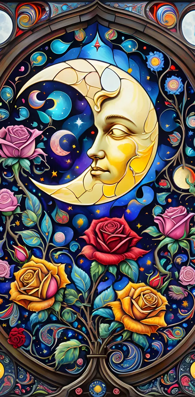 Stained Glass Rose Moon
