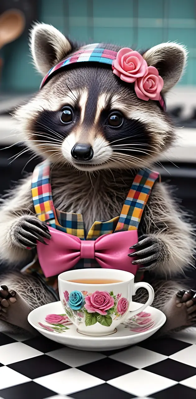 a raccoon wearing a sweater and sitting at a table with a cup of