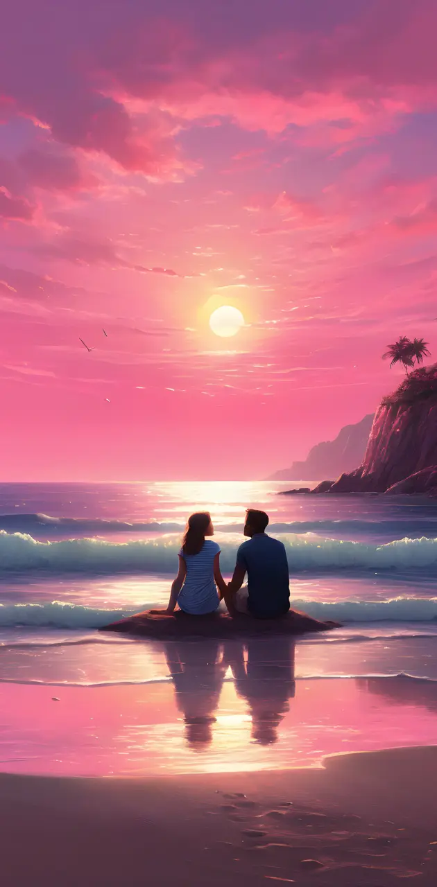 a man and woman sitting on a beach looking at the sunset