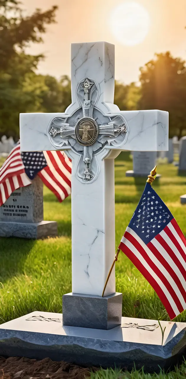 a cross headstone, United States flag, grass