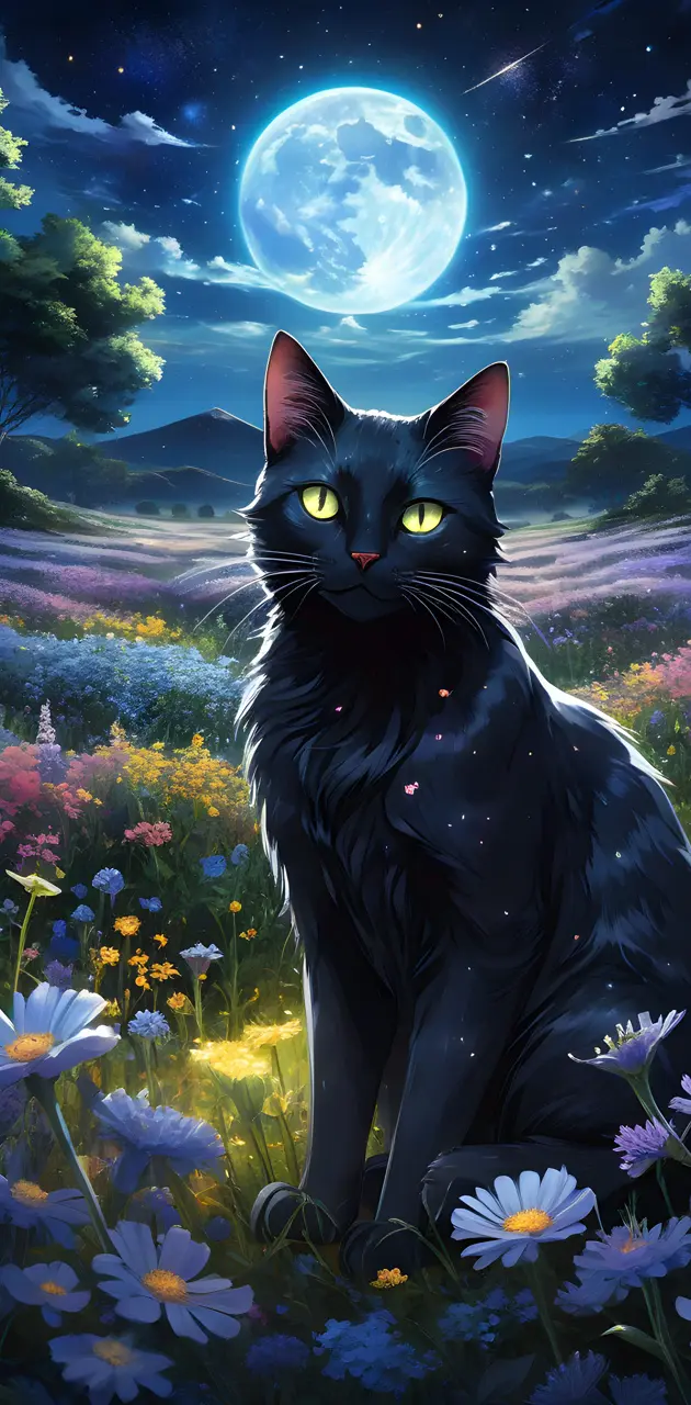 a black cat in a field of flowers with the moon in the background