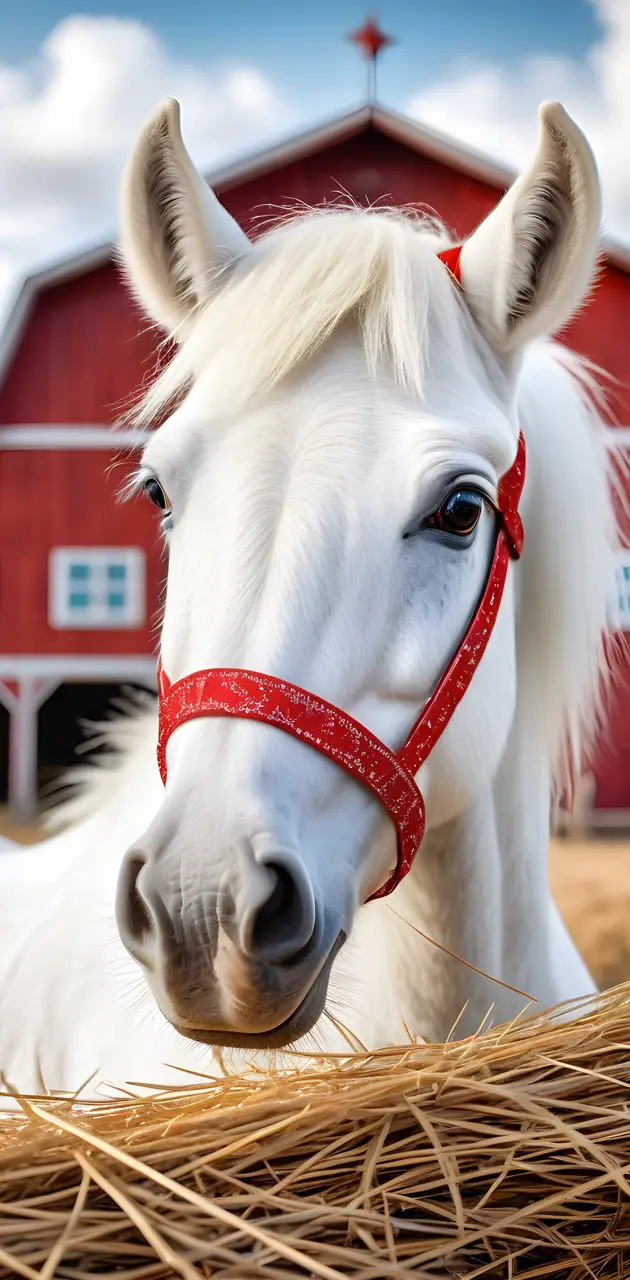 a white horse with a red harness