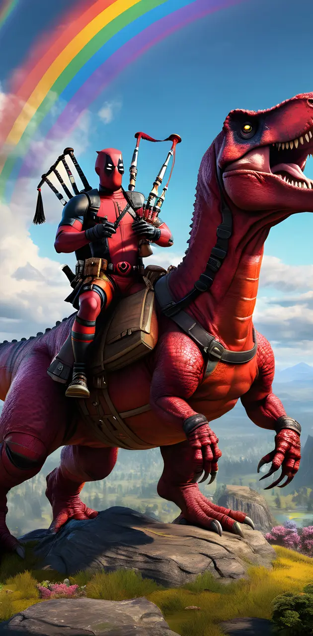 Deadpool Riding a T.Rex and Playing Bagpipes