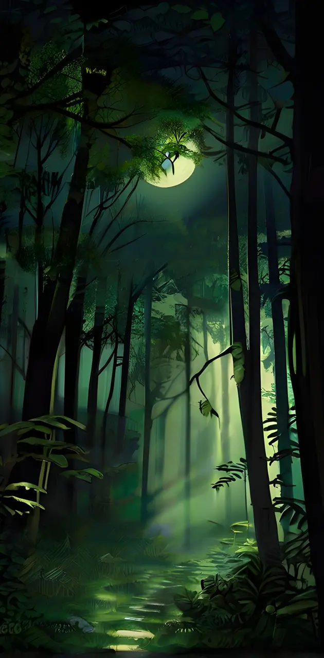 Moonlight filters through verdant canopy, casting enchanting shadows.