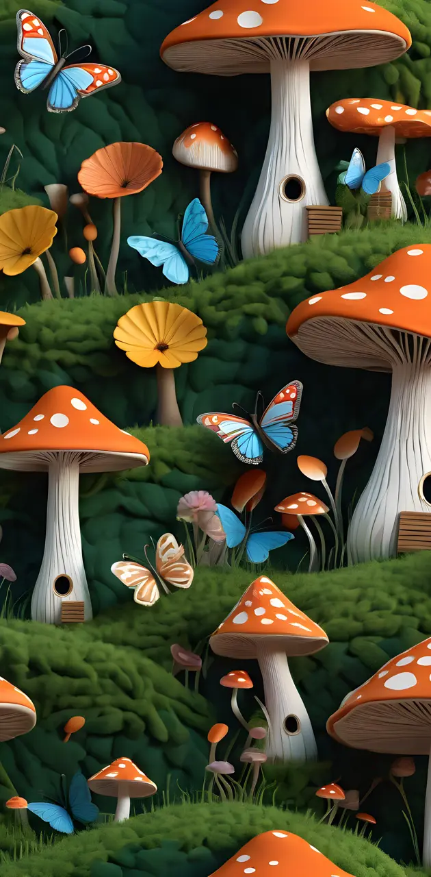 a group of mushrooms and butterflies