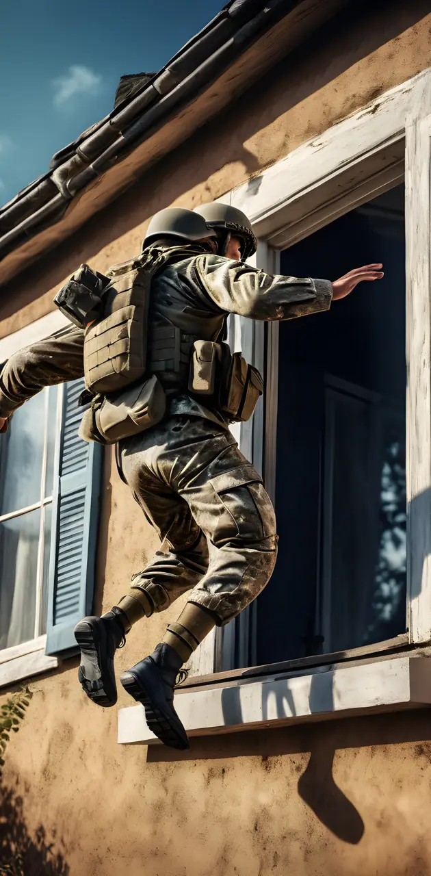 a solider jumpping on a window house