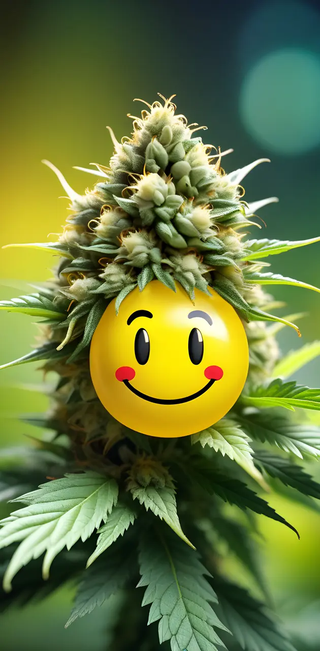 emoticon, pot head, bud on top of smiley face, yellow, stem,
