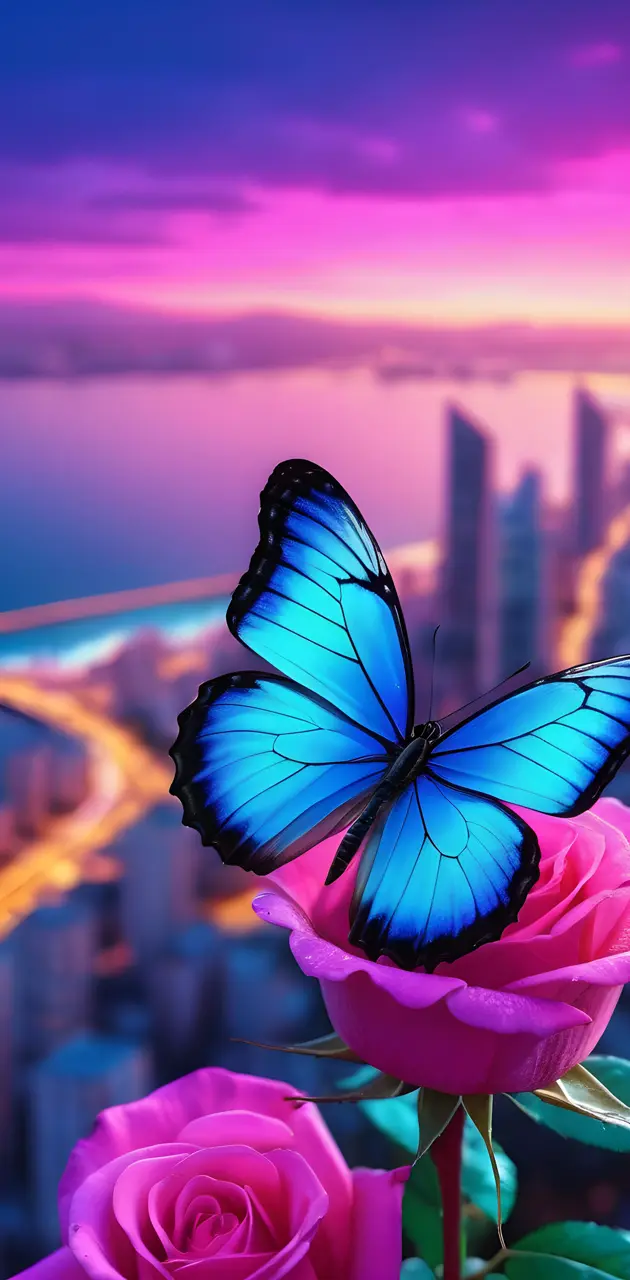 a butterfly on a pink rose with a city and ocean