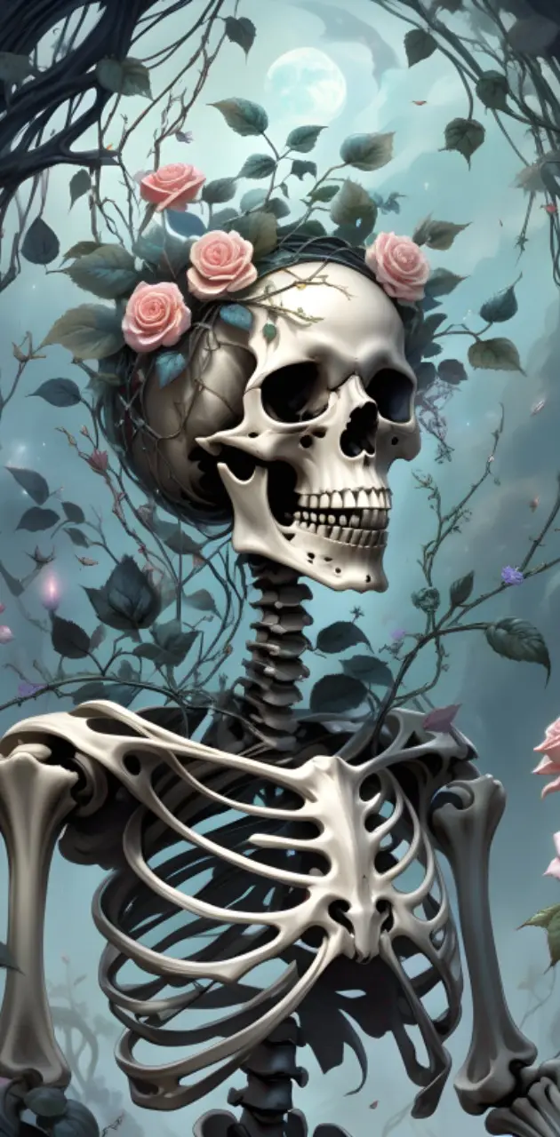 Skeleton and Pink Rose