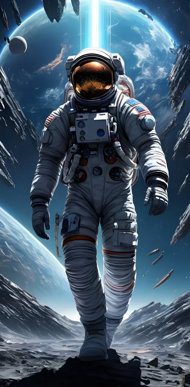Astronaut walking away from the world exploding
