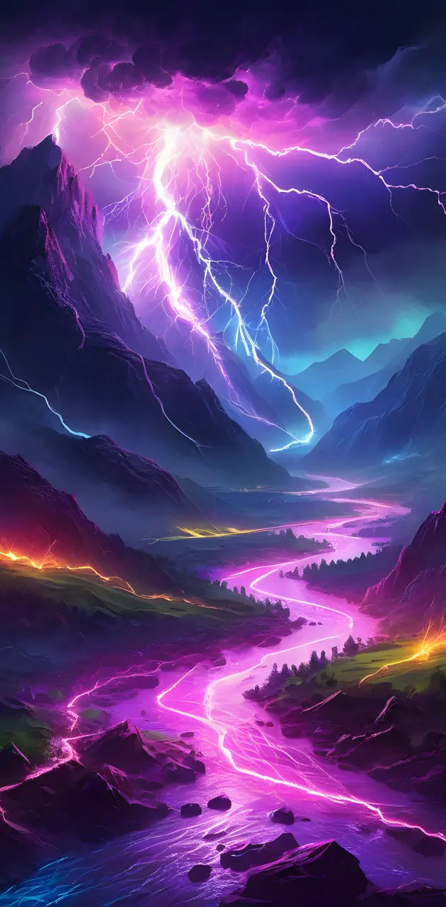 mountain range with neon lightning
