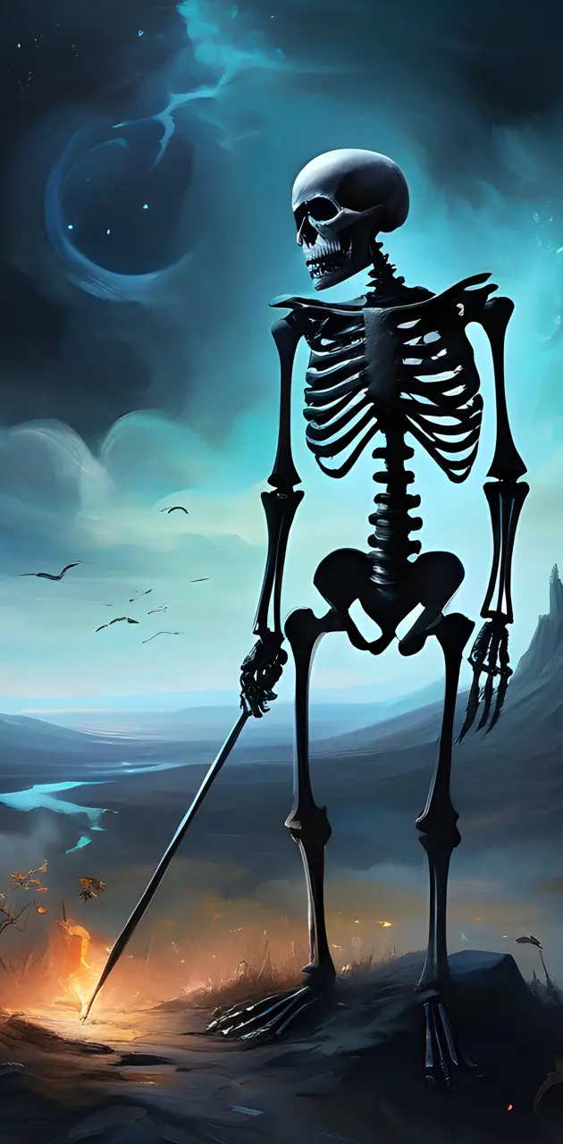 a fantasy backround with a black skeleton