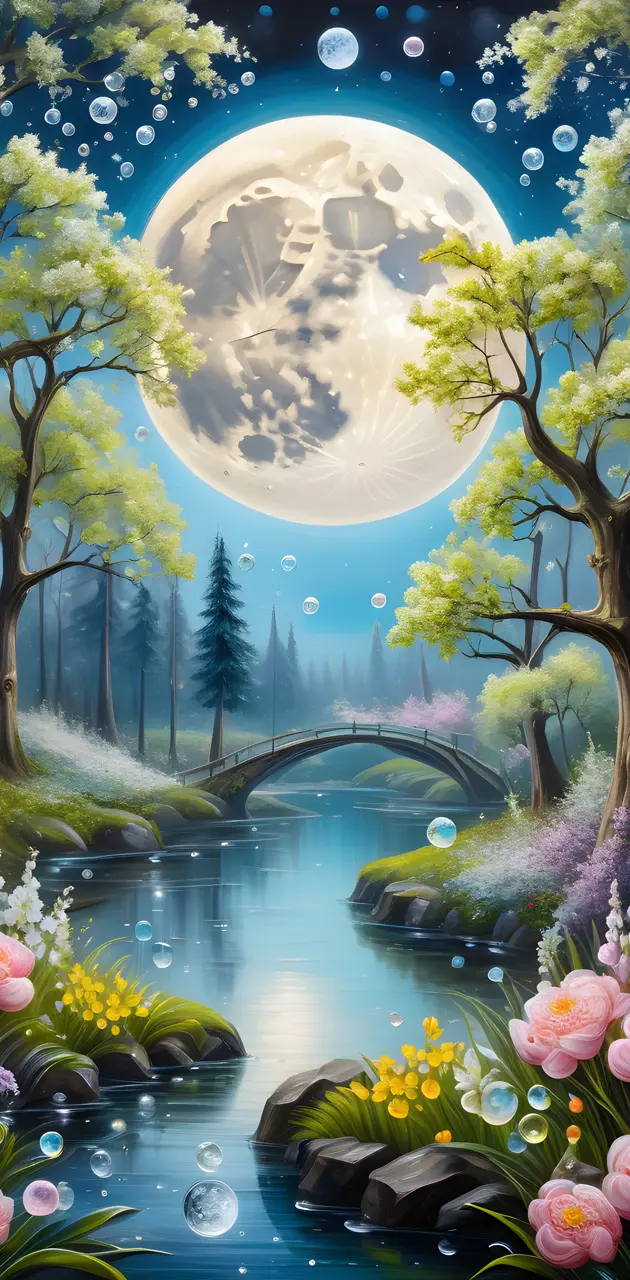 a painting of a river with a bridge and trees
