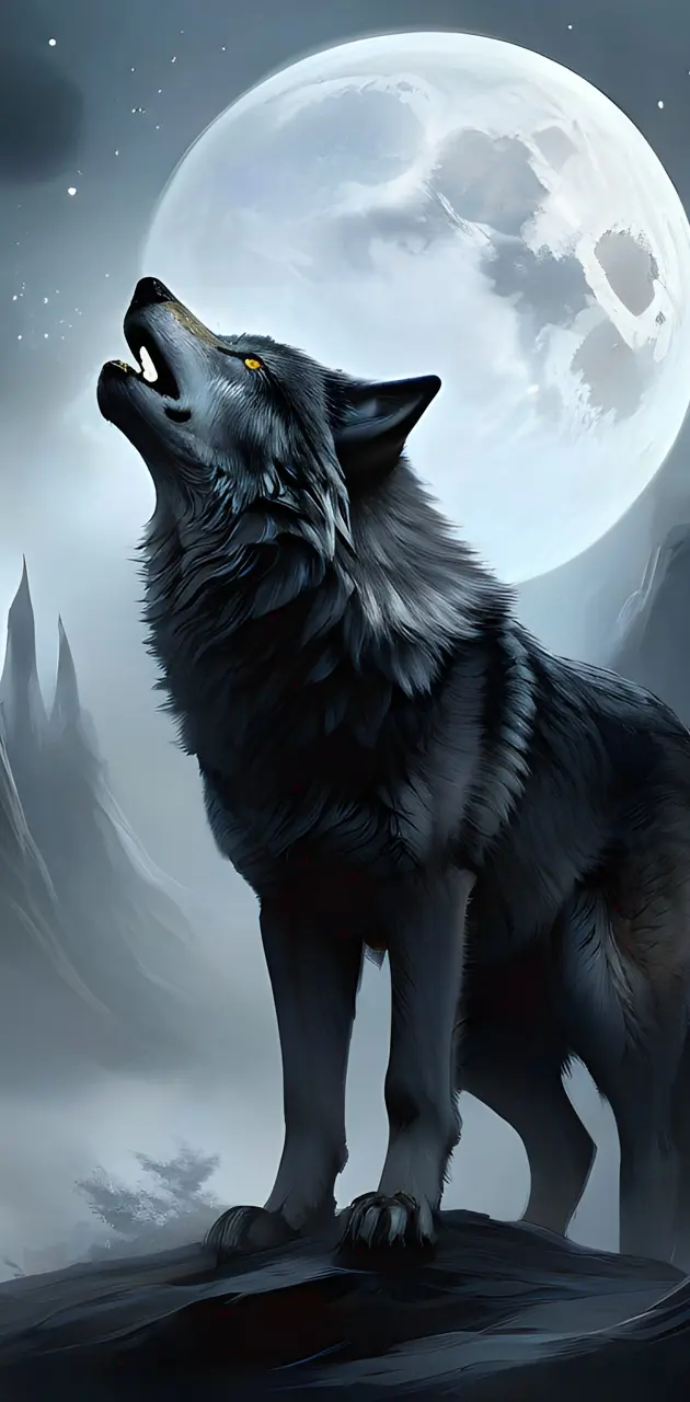 a wolf howling in front of a full moon