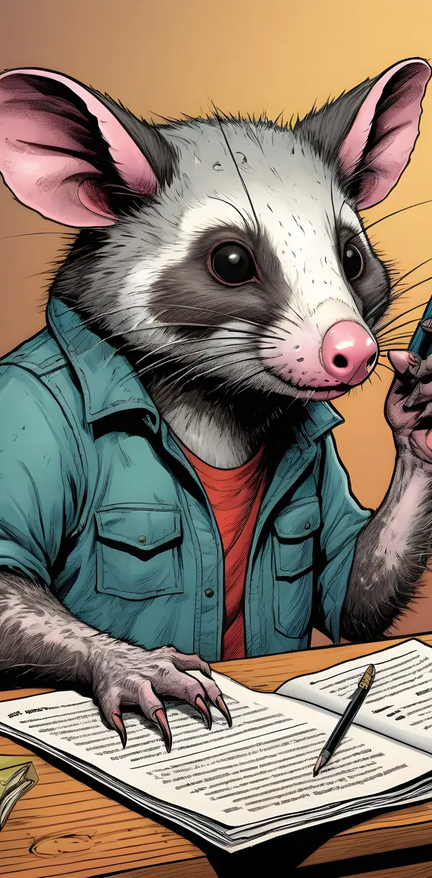An opossum filling out job applications