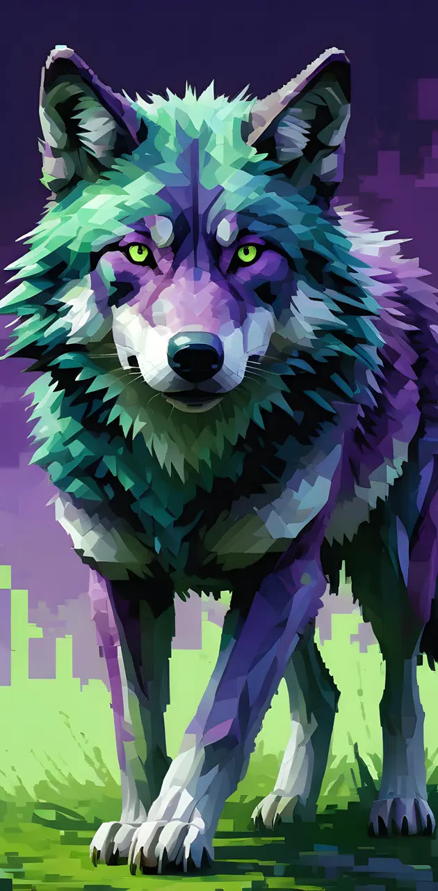 Purple and Green Wolf in Pixels
