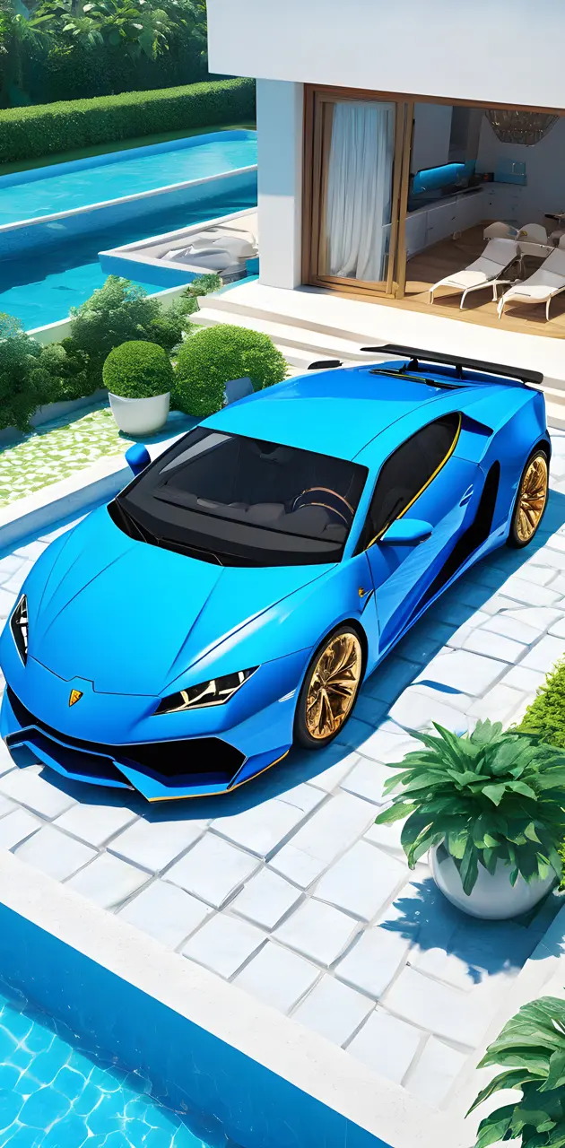 Lamborghini asterion blue with pool front of villa (style anime)