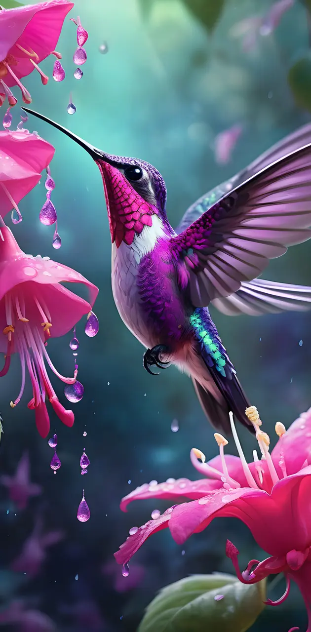 a bird flying over pink flowers