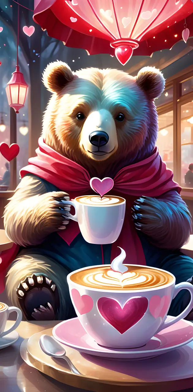 a bear sitting at a table with a cup of coffee