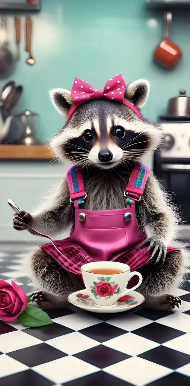 a raccoon wearing a sweater and holding a cup of coffee