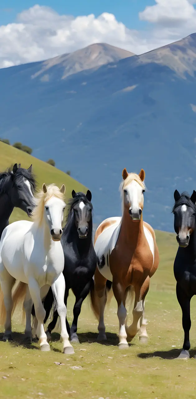 a group of horses standing on a grassy hill