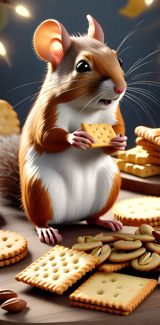 a white and brown mouse eating a cookie