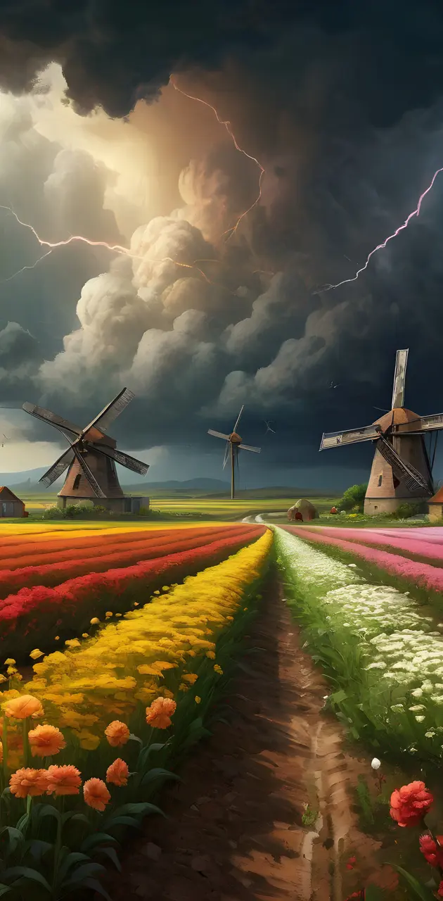 windmills in a field of flowers